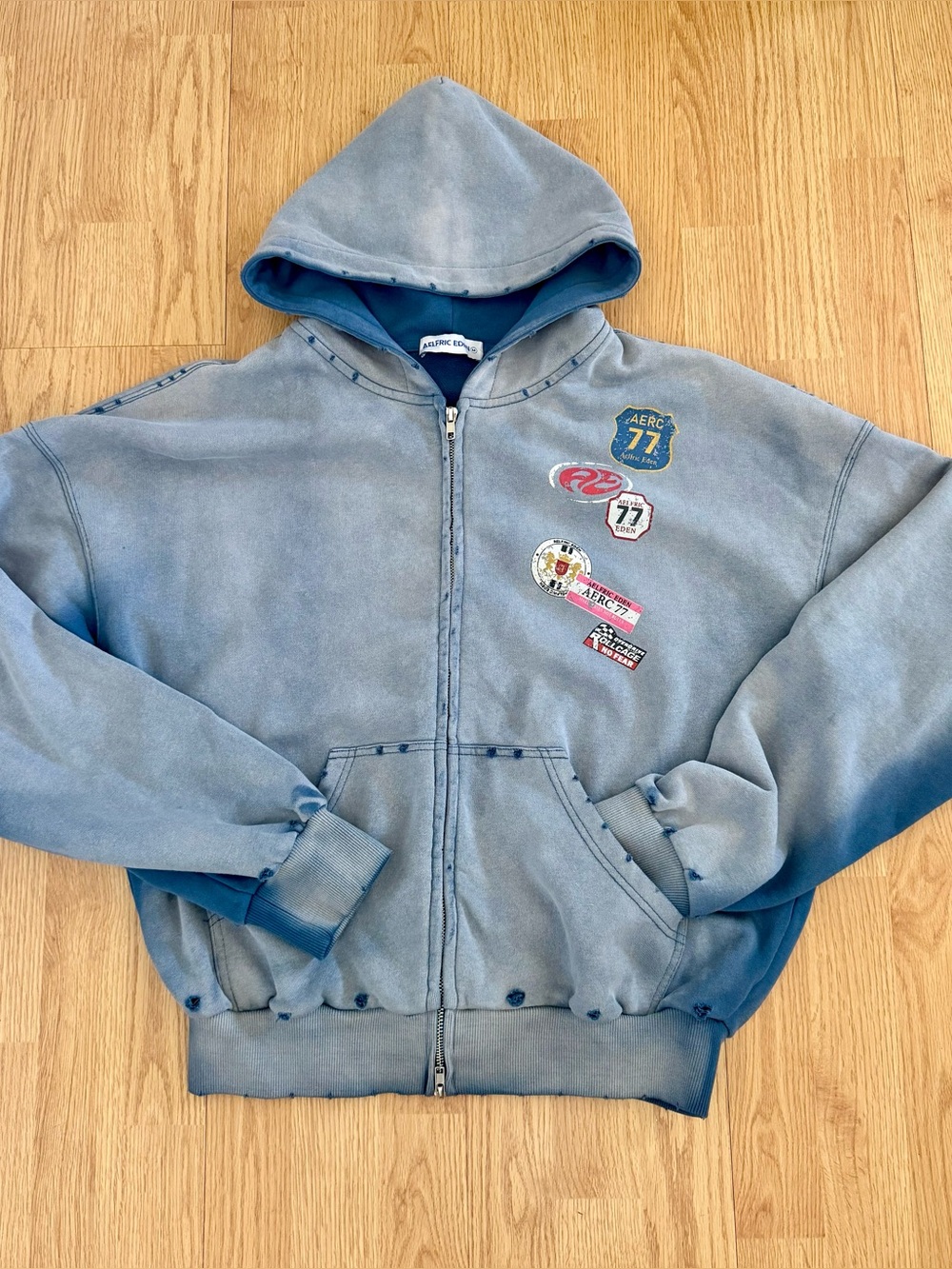 Aelfric Eden Distressed Patchwork Zip-Up Hoodie